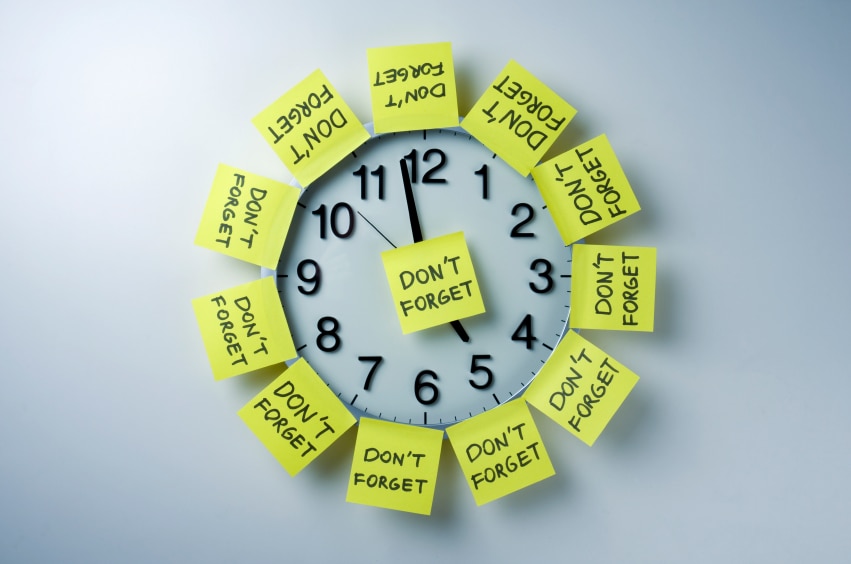 Reloj cubierto con notas adhesivas amarillas que dicen "no olvides"