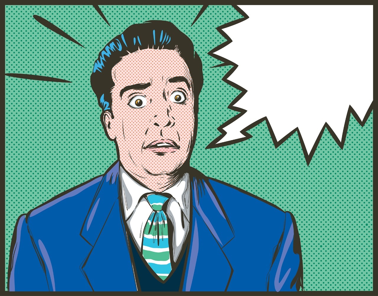 Caricatura de hombre conmocionado con burbuja de palabra vacía