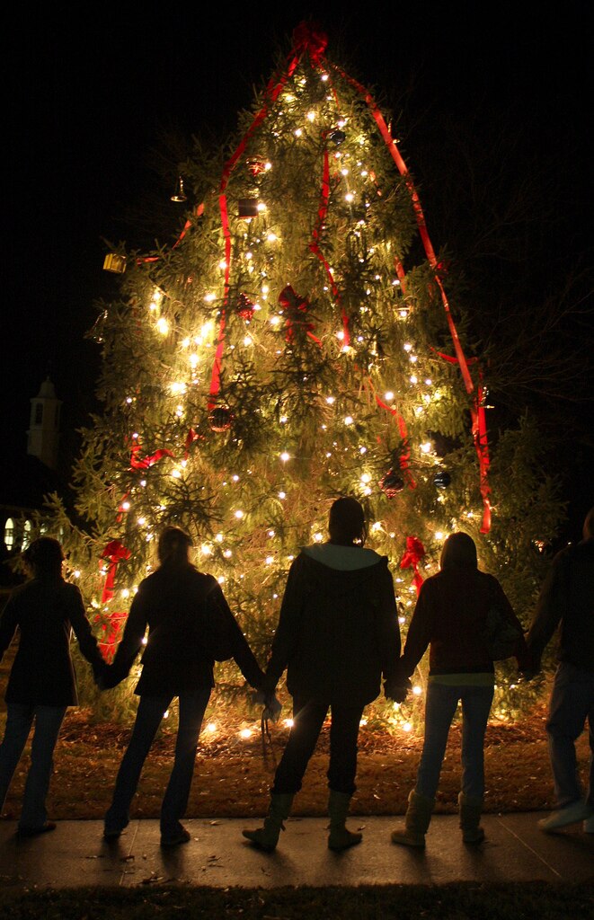 Gente que se toma de la mano frente a un árbol de Navidad