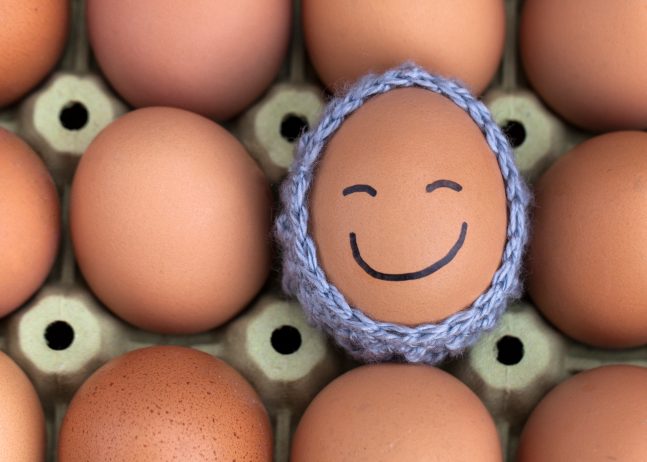 Cartón de huevos con uno en un soporte de punto con una cara sonriente