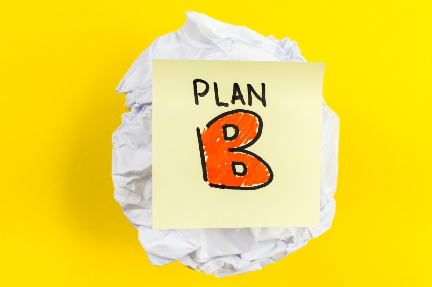 Fondo amarillo con un trozo de papel blanco arrugado y una nota pegajosa que dice "plan B" en él