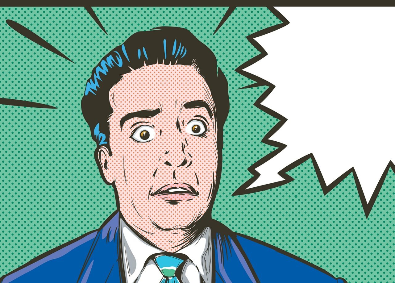 Caricatura de hombre conmocionado con burbuja de palabra vacía