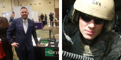 Adam con uniforme del ejército de EE. UU. Y en una feria de trabajo de Enterprise